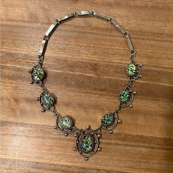 Vintage 1970ies Silver and Green Statement Necklace - Picture 1 of 5